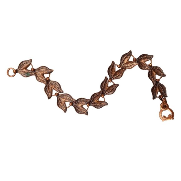Vintage Bracelet Copper Double Leaf Link Leaves Botanical Fall Vine Sister Clasp - Picture 5 of 6